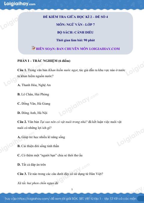 Đề thi giữa kì 2 Văn 6 Cánh diều - Đề số 4